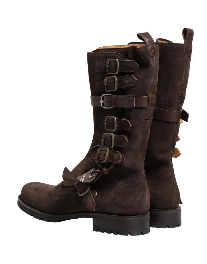 Dolce &amp; Gabbana Brown Suede Leather Combat Ankle Boots Shoes