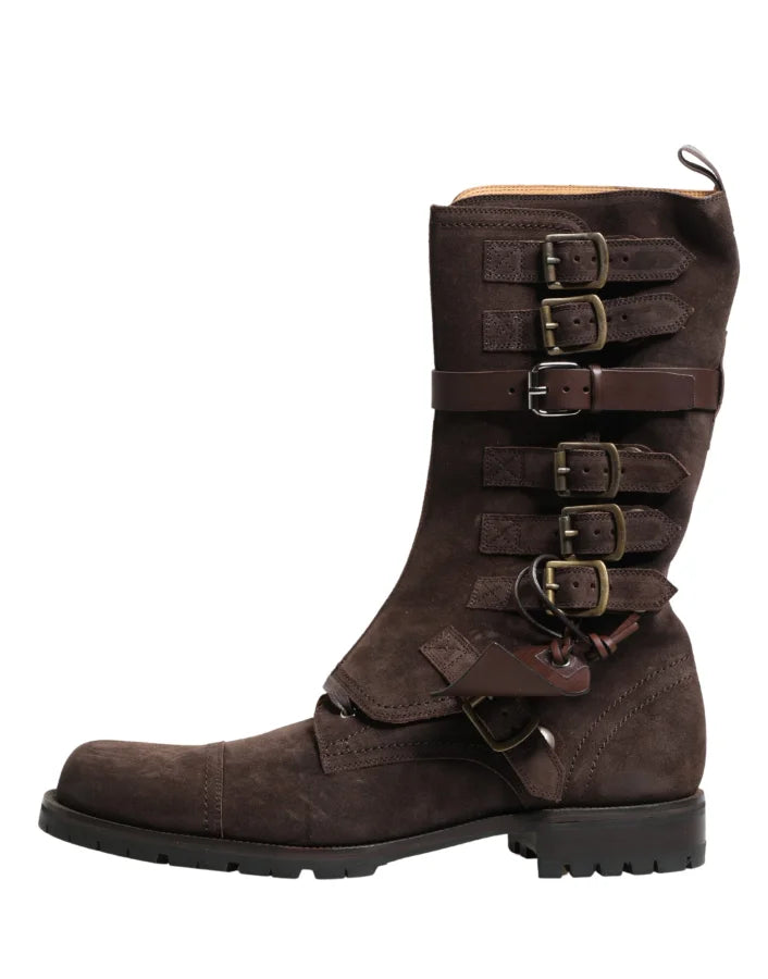 Dolce &amp; Gabbana Brown Suede Leather Combat Ankle Boots Shoes