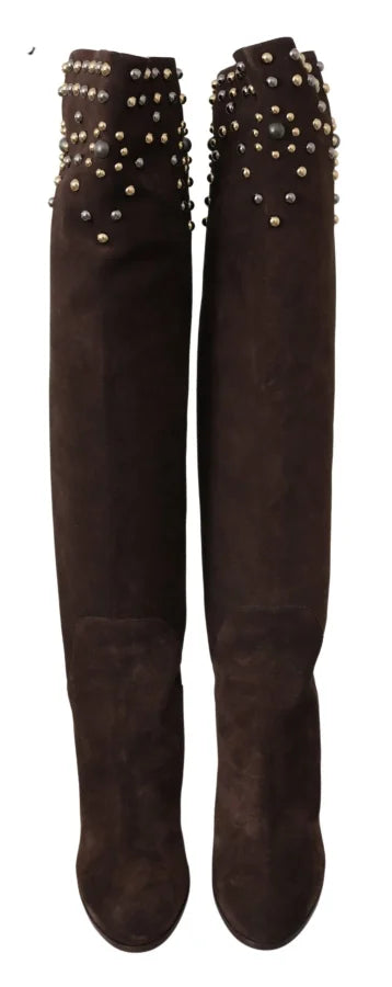 Dolce &amp; Gabbana Brown Suede Studded Knee High Shoes Boots