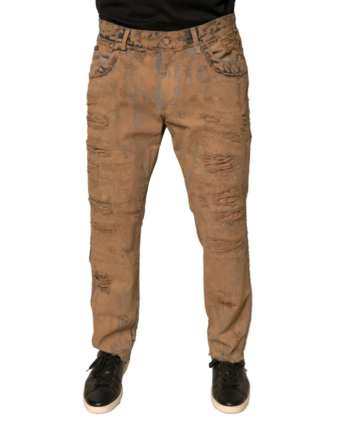 Dolce &amp; Gabbana Brown Tattered Cotton Skinny Denim Jeans