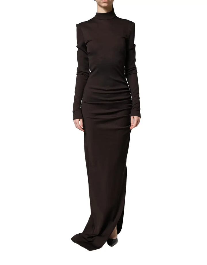 Dolce &amp; Gabbana Brown Turtleneck Jersey Long Maxi Dress