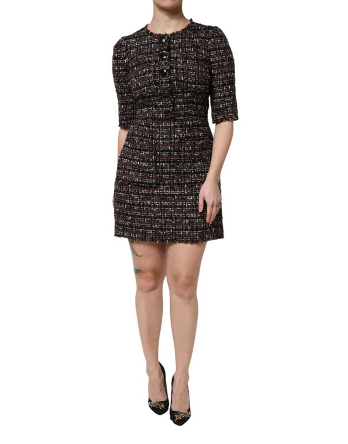 Dolce &amp; Gabbana Brown Tweed Short Sleeves A-line Mini Dress