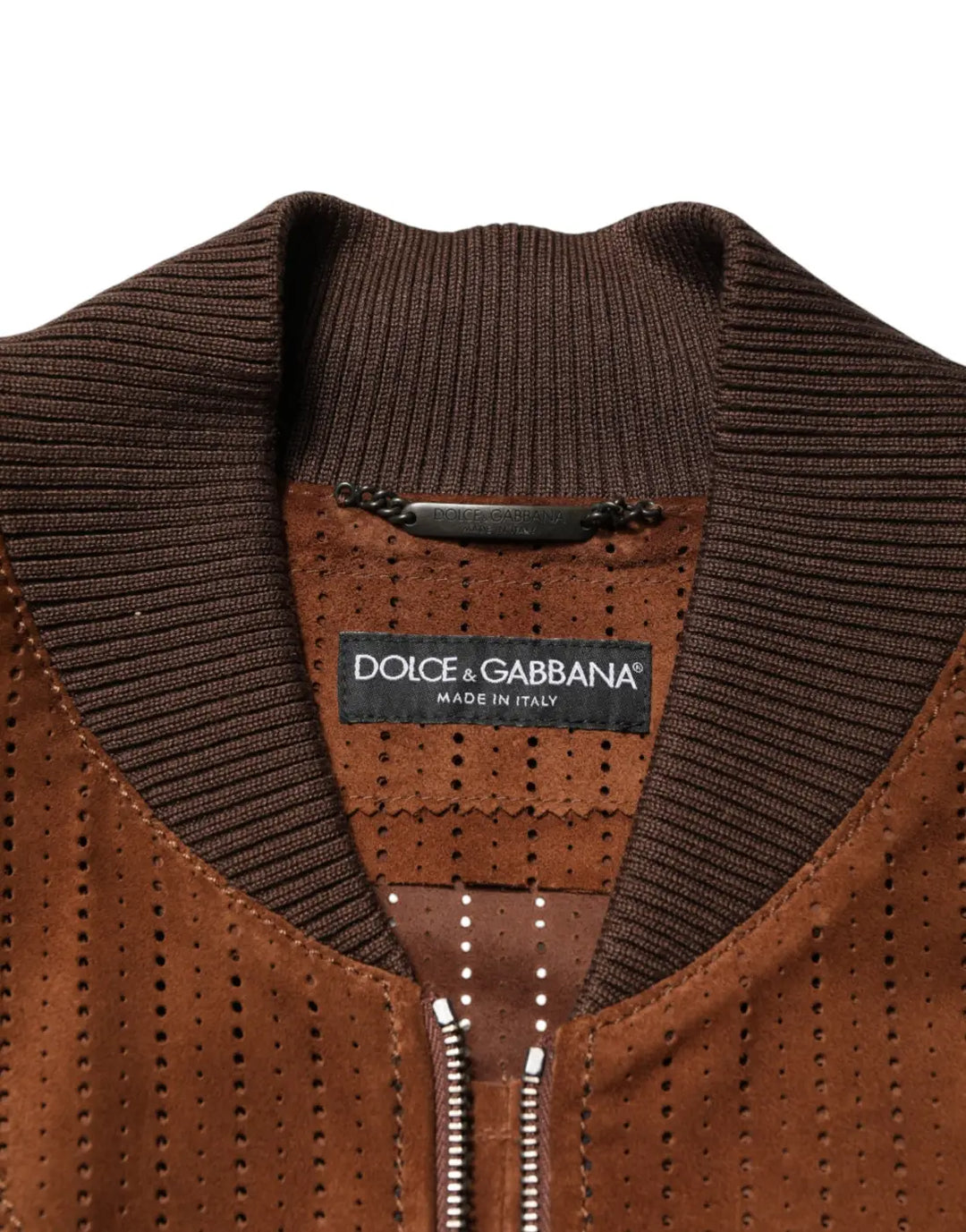 Dolce &amp; Gabbana Brown Velvet Calfskin Full Zip Biker Jacket