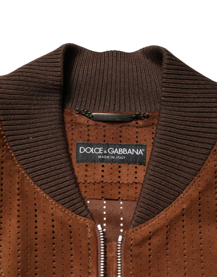 Dolce &amp; Gabbana Brown Velvet Calfskin Full Zip Biker Jacket