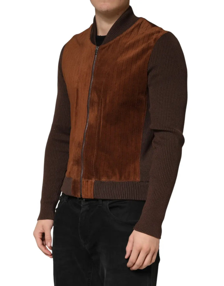 Dolce &amp; Gabbana Brown Velvet Calfskin Full Zip Biker Jacket