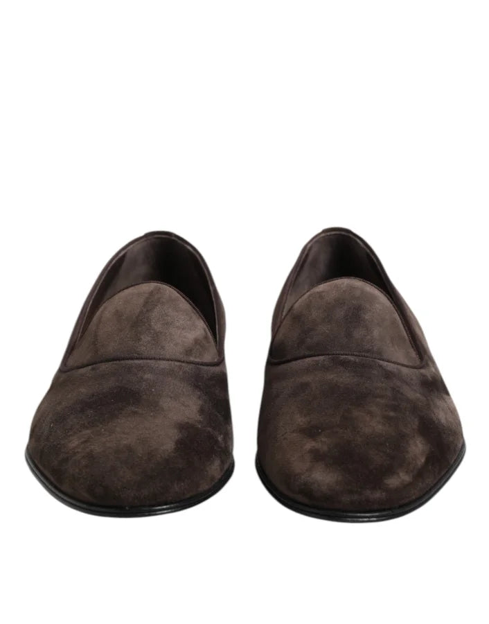 Dolce &amp; Gabbana Brown Velvet Leather Slip On Loafers Shoes