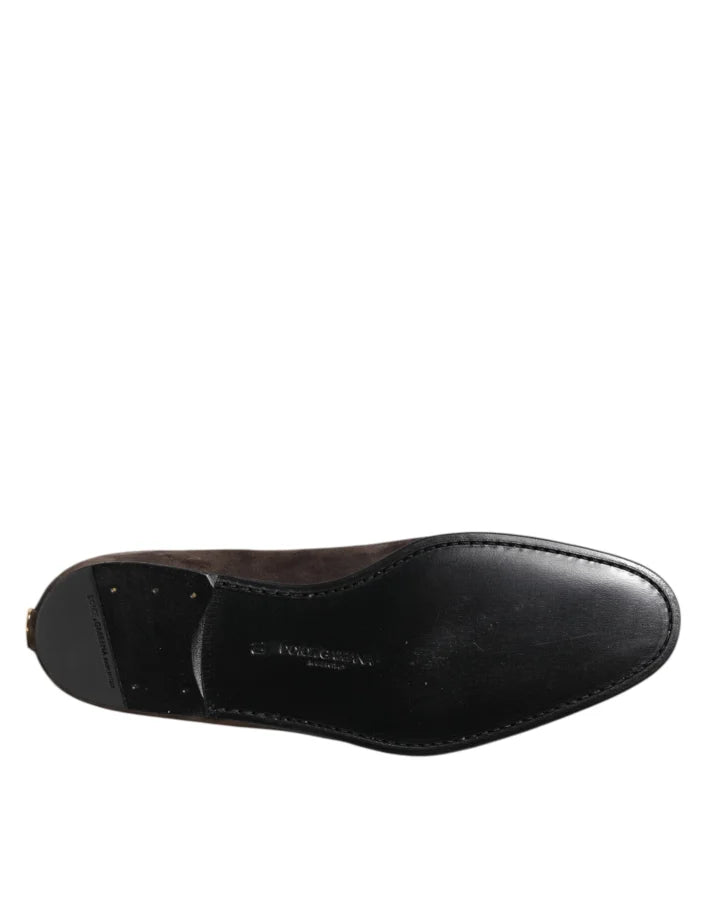 Dolce &amp; Gabbana Brown Velvet Leather Slip On Loafers Shoes
