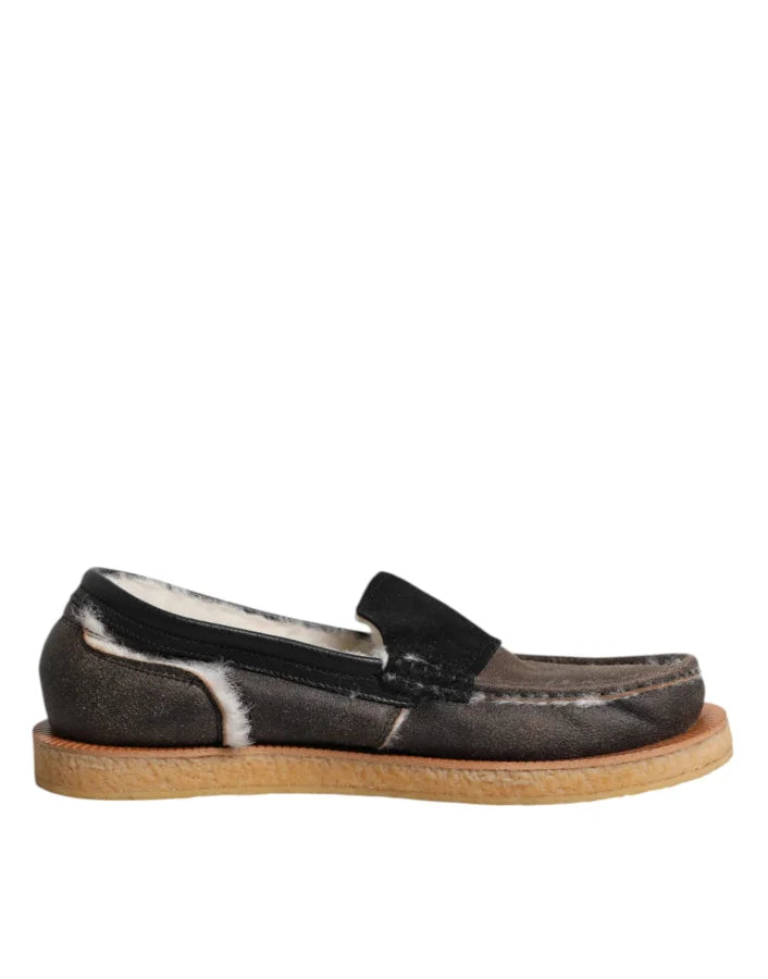 Dolce &amp; Gabbana Brown White Calfskin Leather Loafers Shoes