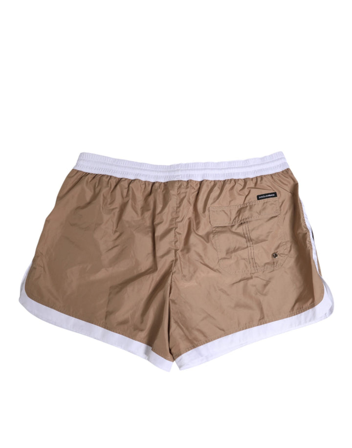 Dolce &amp; Gabbana Brown White Polyester Re-edition Shorts Swimwear