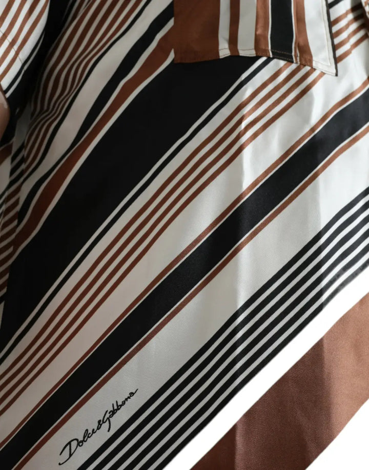Dolce &amp; Gabbana Brown White Silk Striped Short Sleeve Shirt