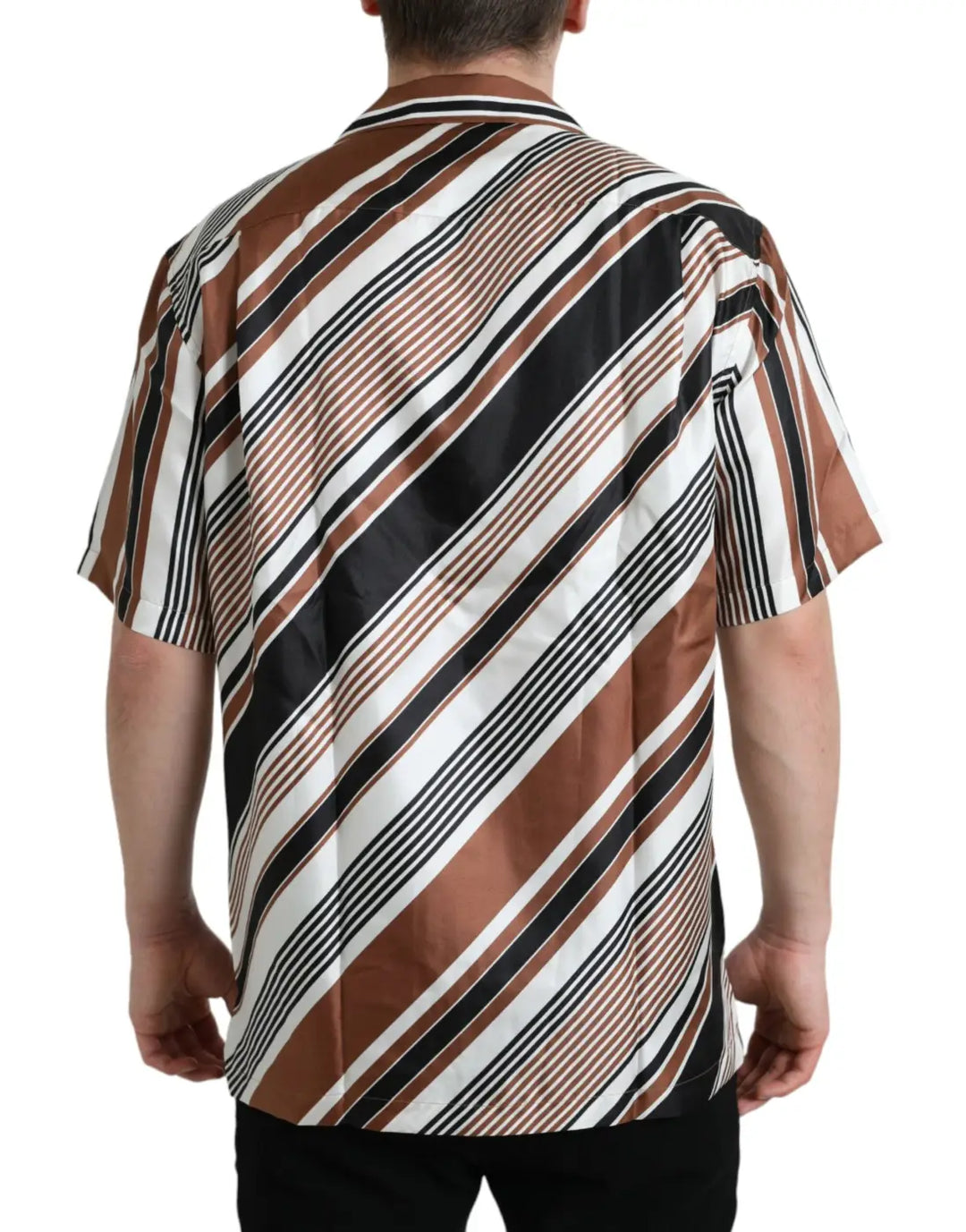 Dolce &amp; Gabbana Brown White Silk Striped Short Sleeve Shirt