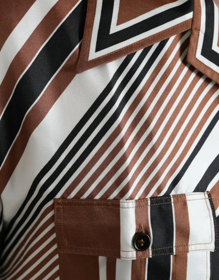 Dolce &amp; Gabbana Brown White Silk Striped Short Sleeve Shirt