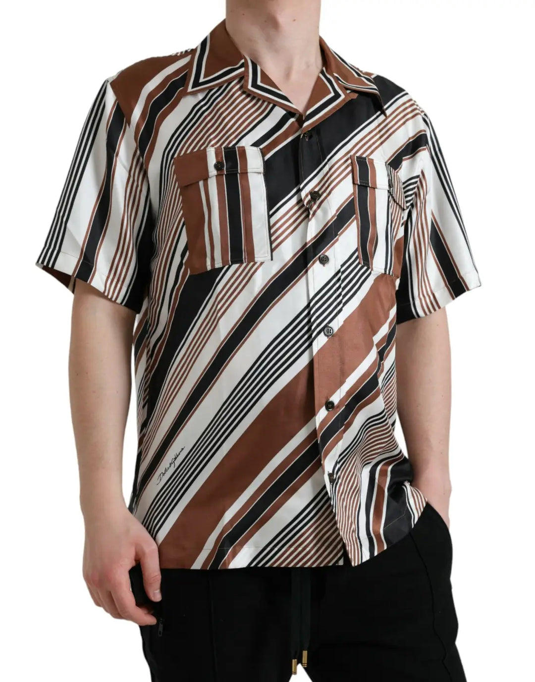 Dolce &amp; Gabbana Brown White Silk Striped Short Sleeve Shirt