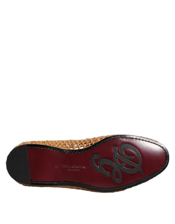 Dolce &amp; Gabbana Brown Woven Raffia Slip On Loafers Shoes