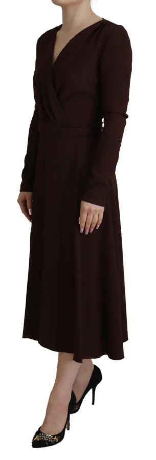 Dolce &amp; Gabbana Brown Wrap Long Sleeve Midi Stretch Dress