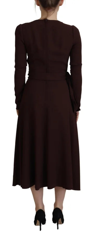 Dolce &amp; Gabbana Brown Wrap Long Sleeve Midi Stretch Dress