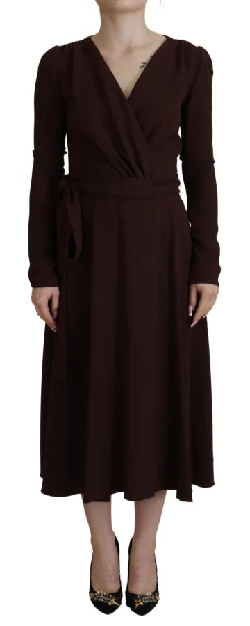 Dolce &amp; Gabbana Brown Wrap Long Sleeve Midi Stretch Dress