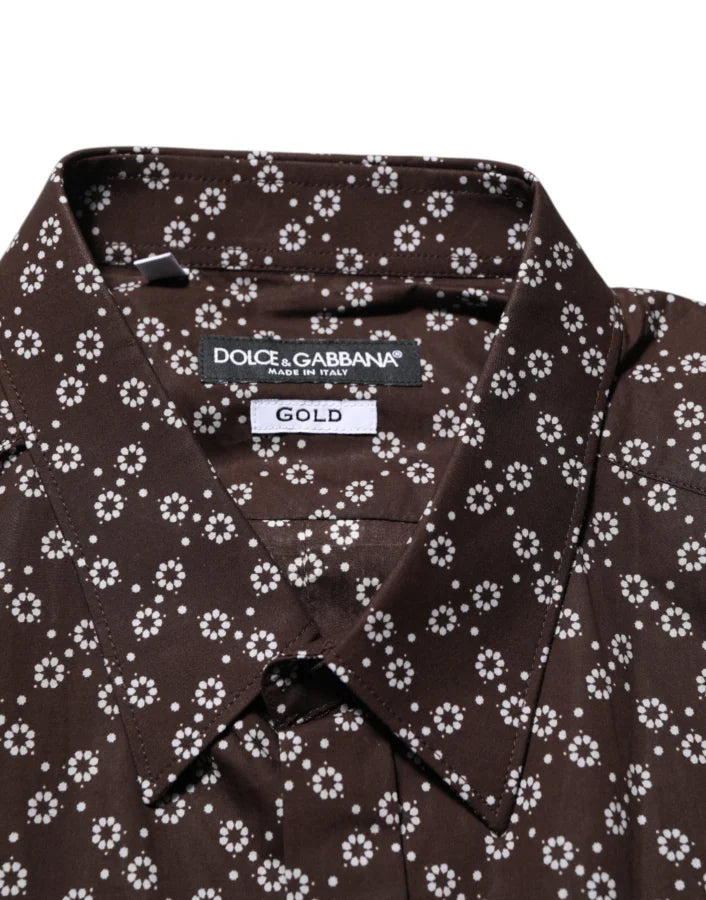 Dolce &amp; Gabbana BrownFloral Collared GOLD Formal Dress Shirt