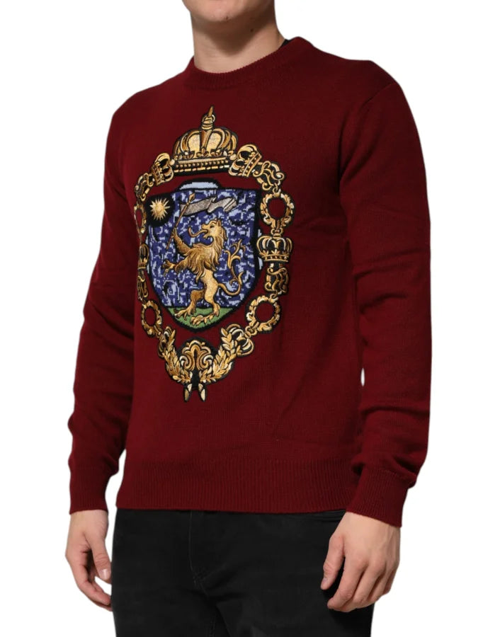 Dolce &amp; Gabbana Burgundy Cashmere Lion Crest Pullover Sweater