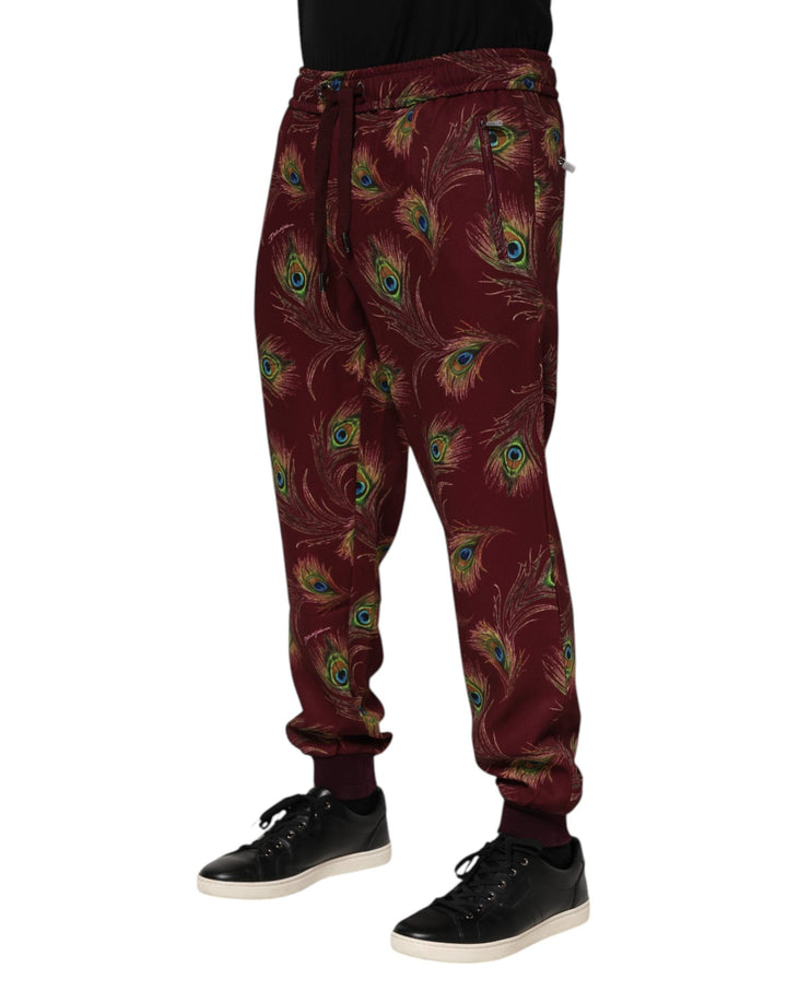 Dolce &amp; Gabbana Burgundy Peacock Feather Print Jogger Pants