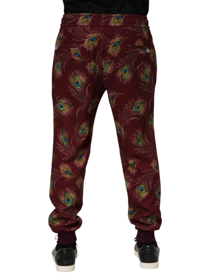 Dolce &amp; Gabbana Burgundy Peacock Feather Print Jogger Pants
