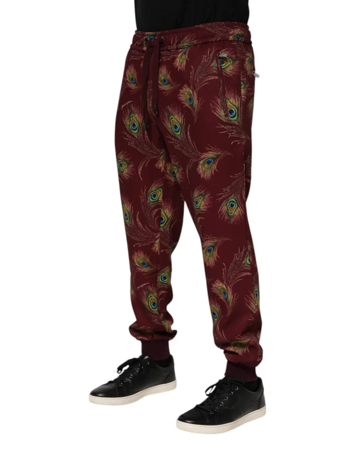 Dolce &amp; Gabbana Burgundy Peacock Feather Print Jogger Pants