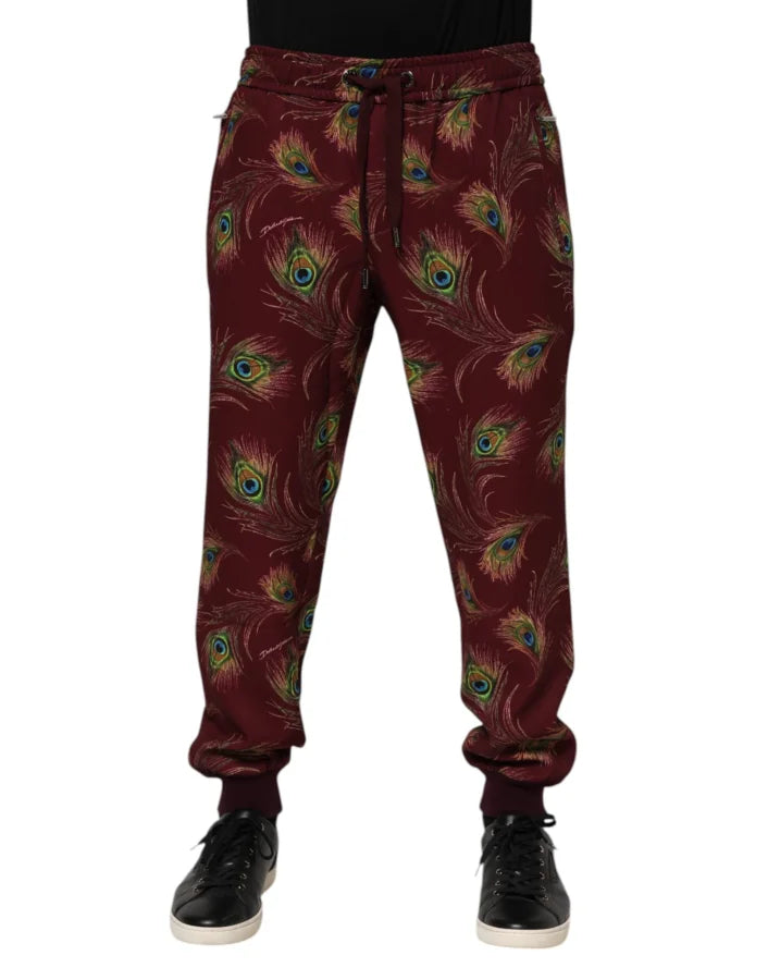 Dolce &amp; Gabbana Burgundy Peacock Feather Print Jogger Pants