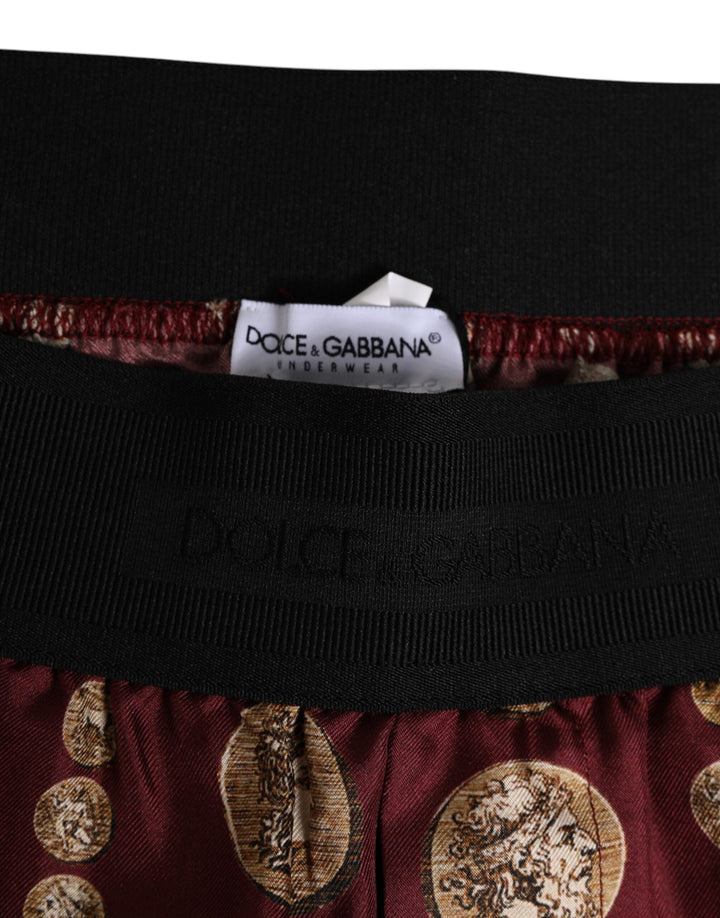 Dolce &amp; Gabbana Burgundy Silk Coin Print Men Boxer Short Swimwear