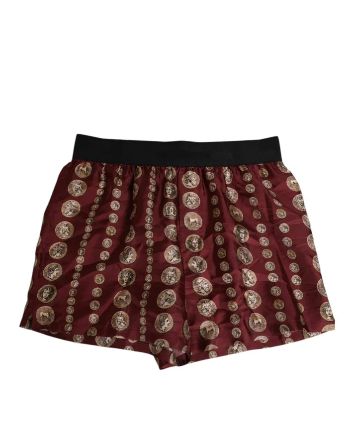 Dolce &amp; Gabbana Burgundy Silk Coin Print Men Boxer Short Swimwear