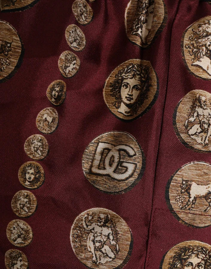 Dolce &amp; Gabbana Burgundy Silk Coin Print Men Boxer Short Swimwear