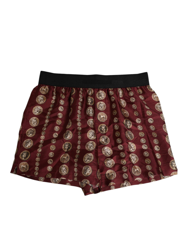 Dolce &amp; Gabbana Burgundy Silk Coin Print Men Boxer Short Swimwear