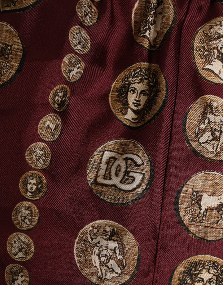 Dolce &amp; Gabbana Burgundy Silk Coin Print Men Boxer Short Swimwear