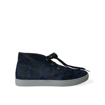 Dolce & Gabbana Calf Leather Hair Blue Leopard Print Sneakers