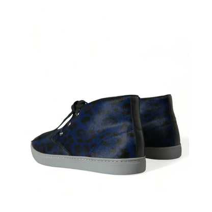 Dolce & Gabbana Calf Leather Hair Blue Leopard Print Sneakers