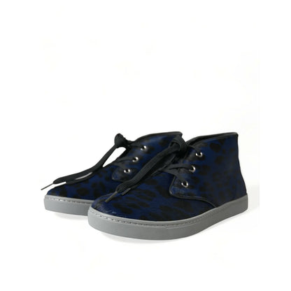 Dolce & Gabbana Calf Leather Hair Blue Leopard Print Sneakers