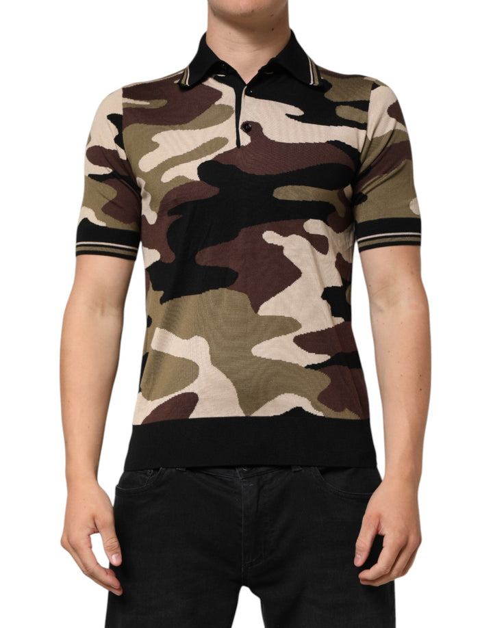 Dolce &amp; Gabbana Camouflage Brown Silk Military Polo T-shirt