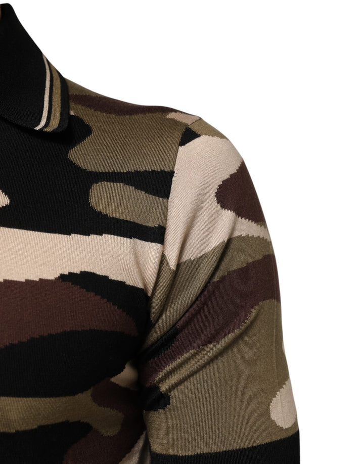 Dolce &amp; Gabbana Camouflage Brown Silk Military Polo T-shirt