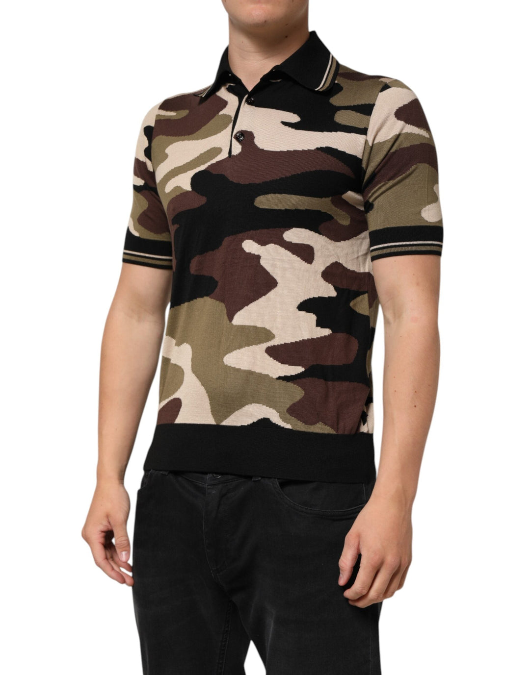 Dolce &amp; Gabbana Camouflage Brown Silk Military Polo T-shirt