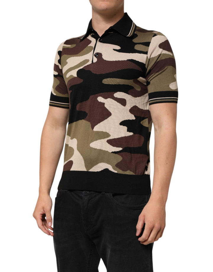 Dolce &amp; Gabbana Camouflage Brown Silk Military Polo T-shirt
