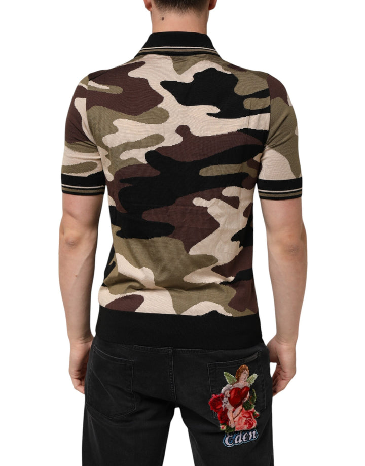 Dolce &amp; Gabbana Camouflage Brown Silk Military Polo T-shirt