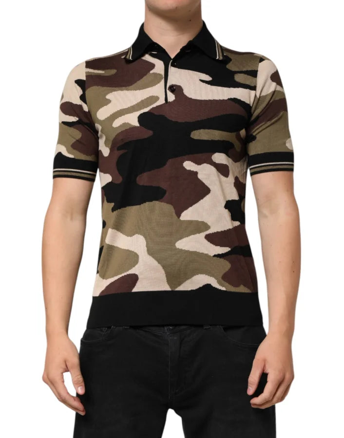 Dolce &amp; Gabbana Camouflage Brown Silk MilitaryPolo T-shirt