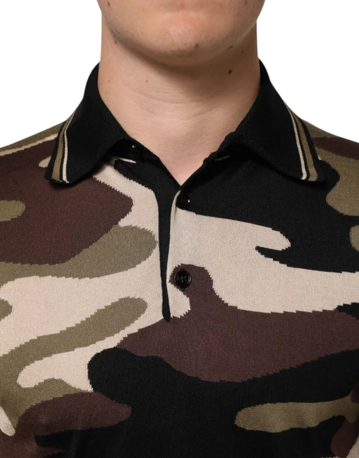 Dolce &amp; Gabbana Camouflage Brown Silk MilitaryPolo T-shirt