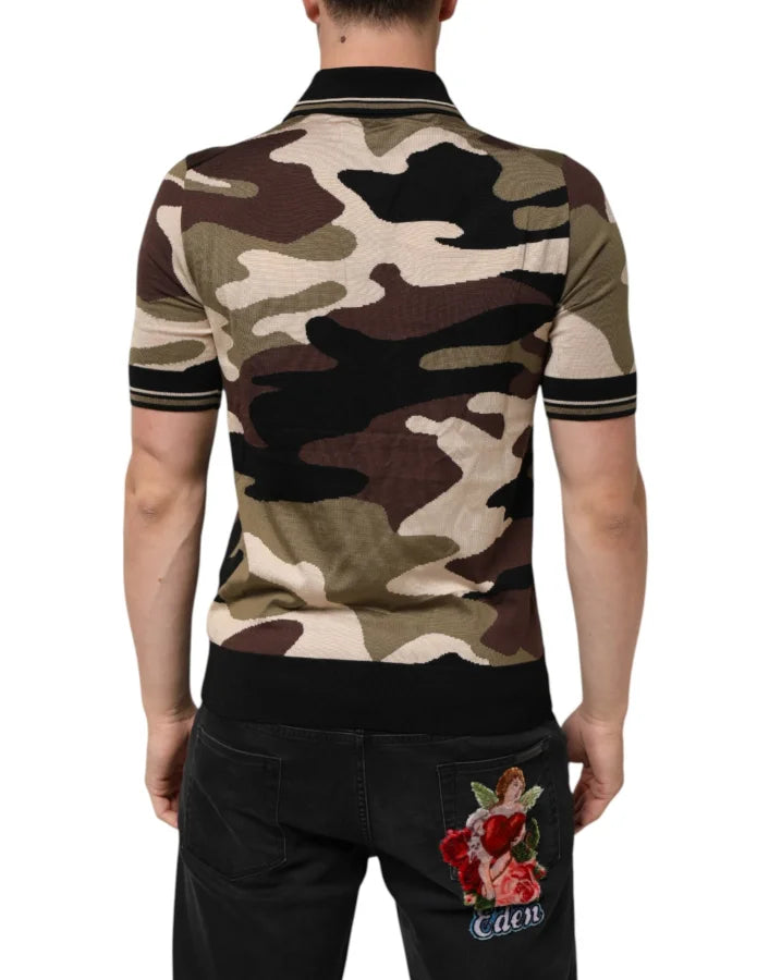 Dolce &amp; Gabbana Camouflage Brown Silk MilitaryPolo T-shirt
