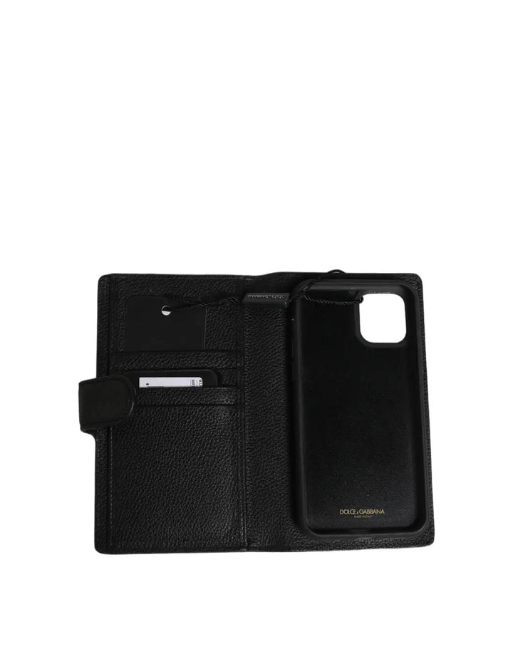 Dolce &amp; Gabbana Case Flip Cover Black Calf Leather iPhone11 PRO Phone