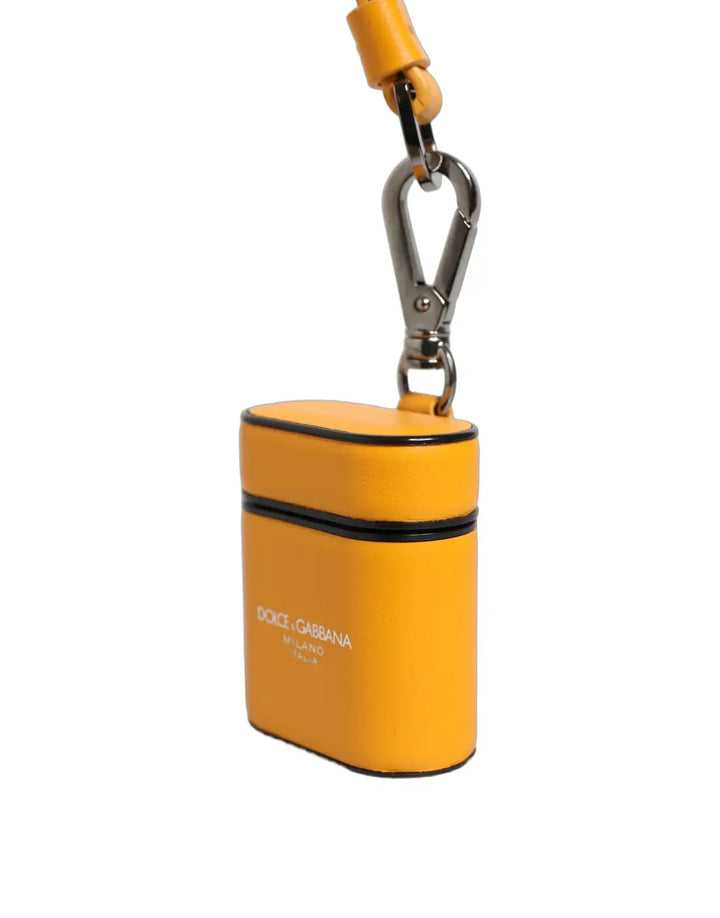 Dolce &amp; Gabbana Case Yellow Calf Leather Logo Flip Holder Strap Airpods