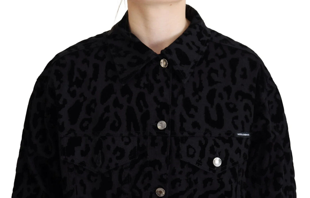 Dolce &amp; Gabbana Trucker Jackets - Cotton Black Leopard Long Sleeve Denim Jacket