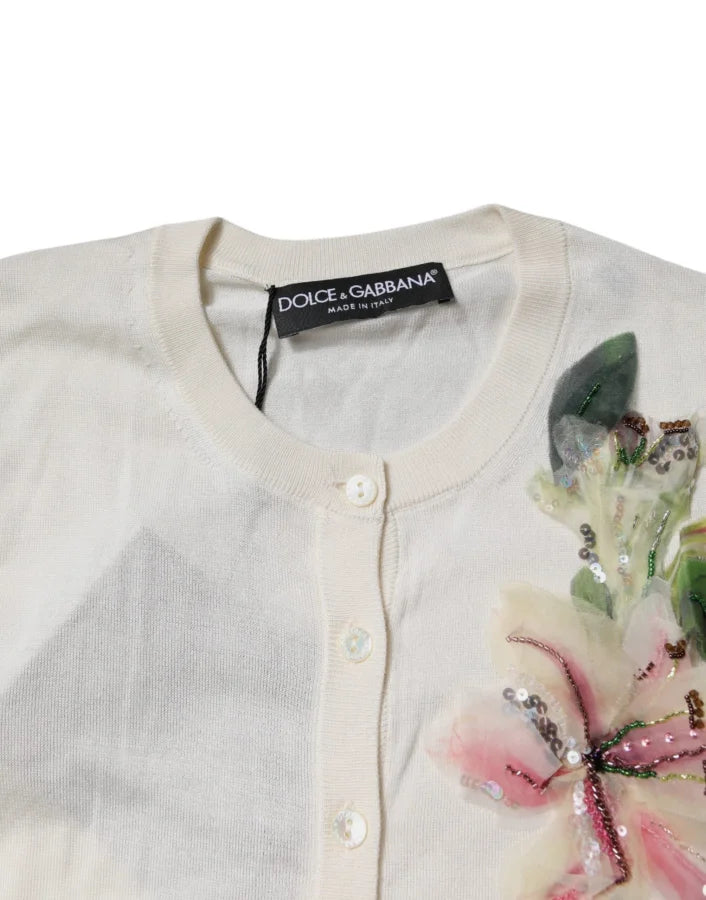 Dolce &amp; Gabbana Cream Floral Silk Embellished Cardigan Sweater