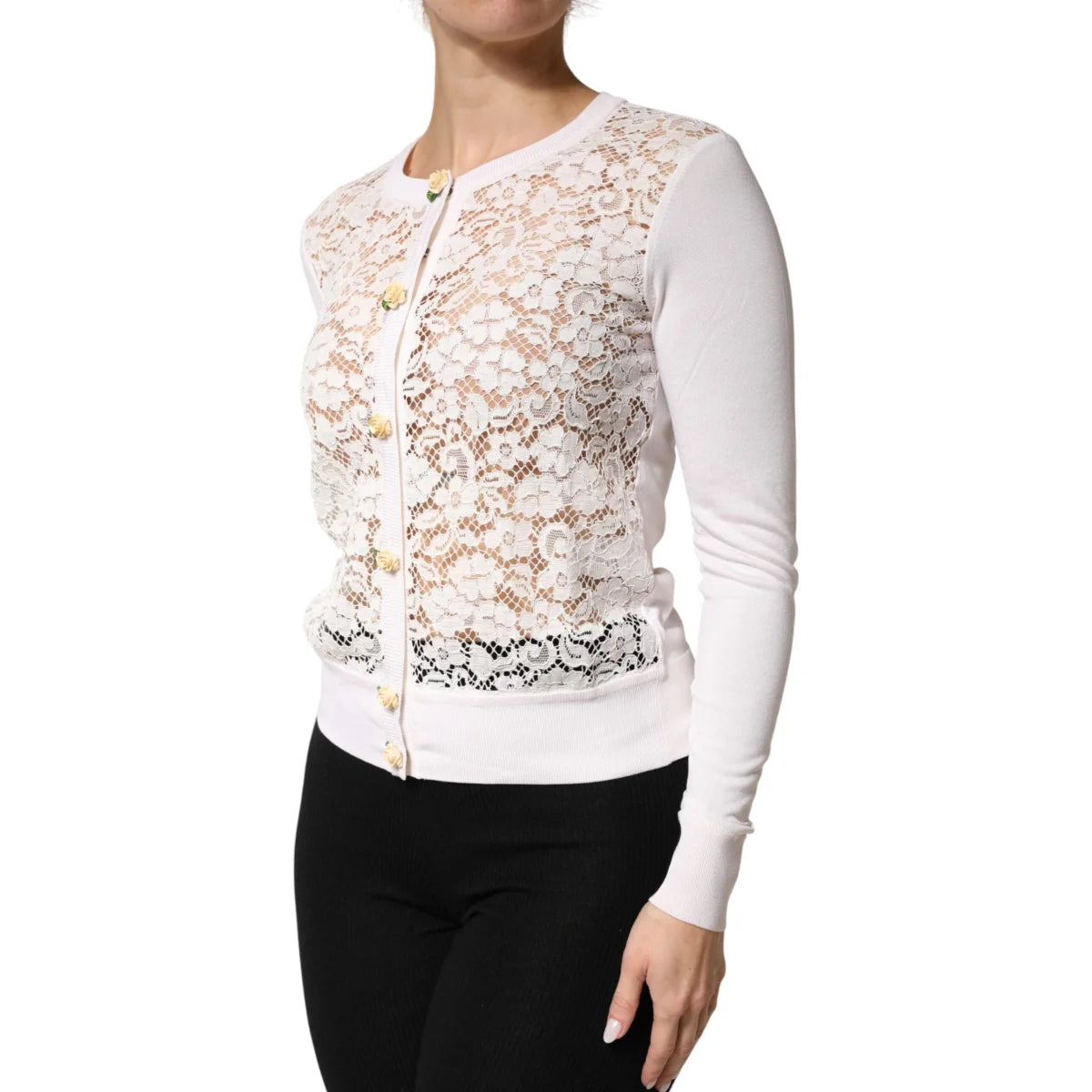 Dolce & Gabbana Cream Lace Knit Cardigan with Rose Buttons