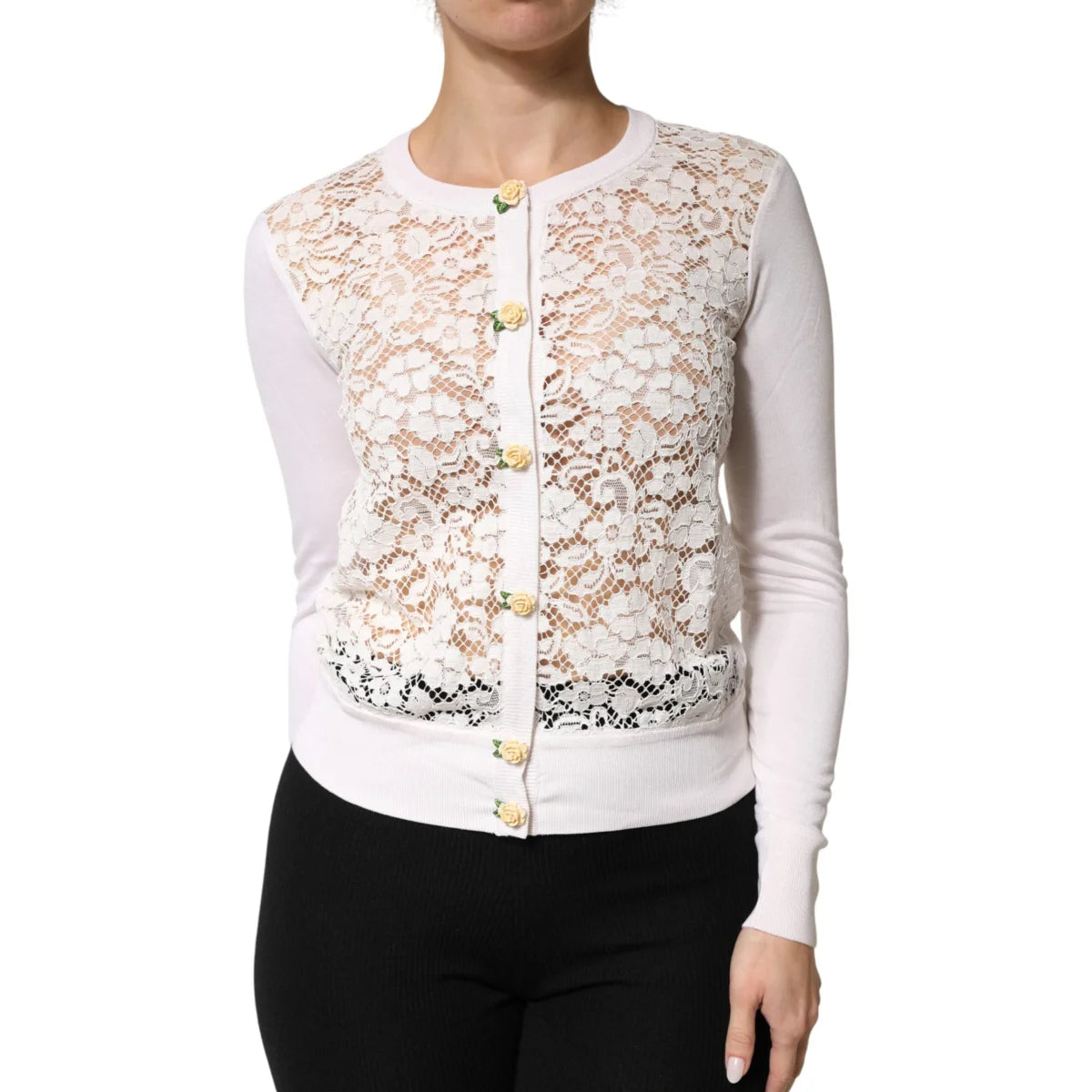 Dolce & Gabbana Cream Lace Knit Cardigan with Rose Buttons