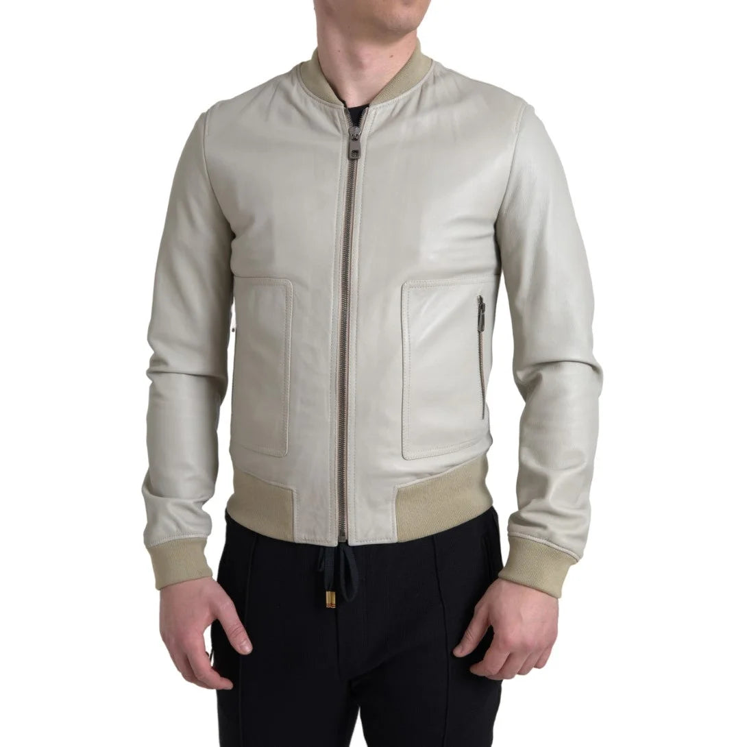 Dolce Gabbana Cream Leather Bomber Jacket Perfection &